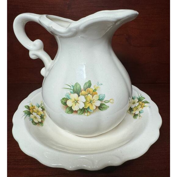 Vintage Miniature Porcelain Pitcher & Bowl Set Yellow Flowers - Picture 1 of 7